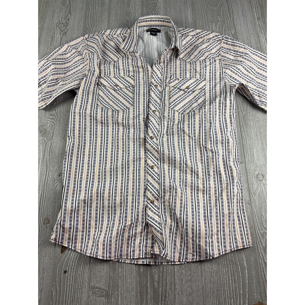 Pelham Western Snap Up Shirt Short Sleeve Striped Pearl Snap Cotton Mens XLT